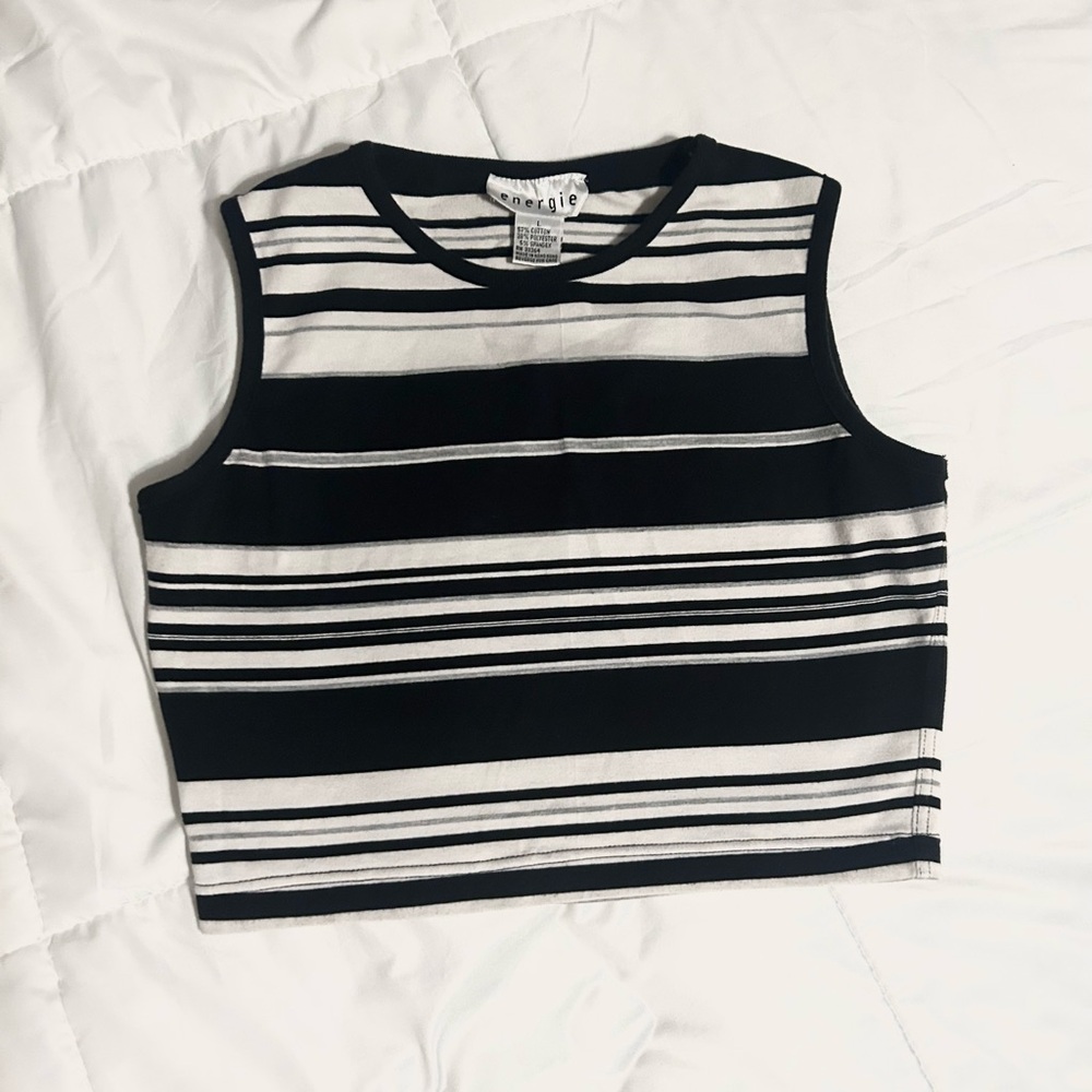 Vintage 90s Energie Black White & Silver Striped Crop Top